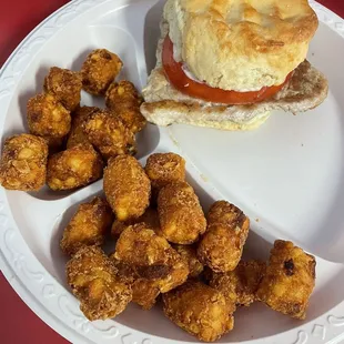 Tenderloin biscuit and tots