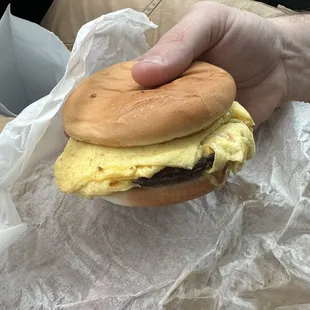 Sausage egg and cheese on a bun