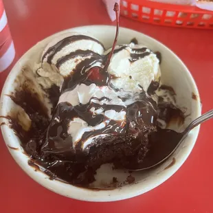 a bowl of ice cream and chocolate