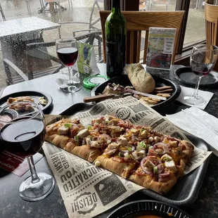 BBQ chicken flatbread, soup and cheese plate