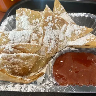 Besitos tropical: powdered chips with a homemade guava dipping sauce