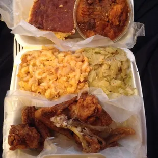 Fried Chicken Platter with Mac &amp; Cheese, Cabbage, Yams and Corn Bread