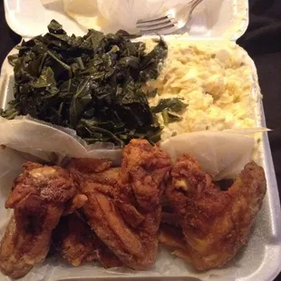 Fried Chicken Platter w/ Collard Greens and Potato Salad. #Delicious