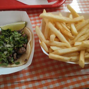 Carne asada taco and large fries