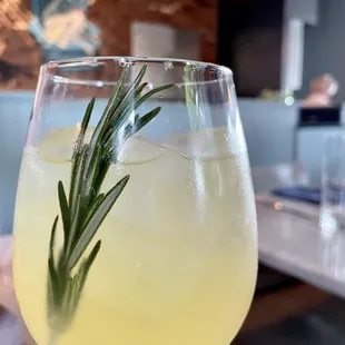 a glass of lemonade with a sprig of rosemary
