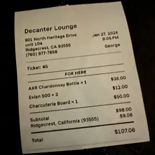 Wine, water &amp; charcuterie board