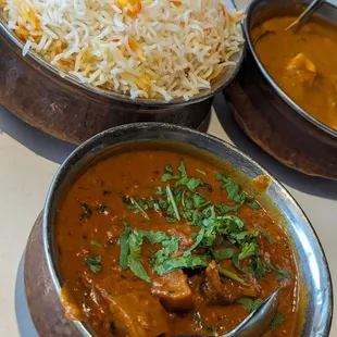 shrimp biryani, paneer butter masala, lamb vindaloo