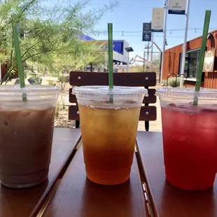 (L to R) iced cafe de olla (made with almond milk), iced black tea, and berry lemonade