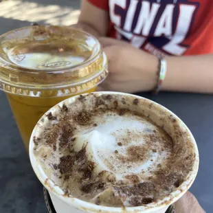 Cafe de Olla(oh-yay) hot, Mexican style coffee. Iced Golden Chai: chai with turmeric