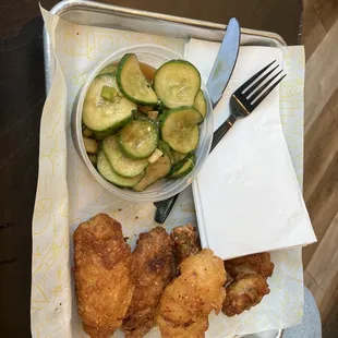 Spicy pickles and 5 piece chicken