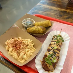 Bulgogi Beef Egg Rolls 2pcs, Picnic Salad, Korean Fried Corn Dog