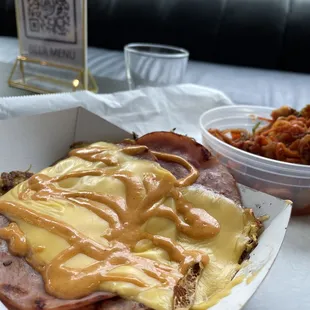 Korean Street Toast. Minus the bread and potatoes. Added a side of kimchi.