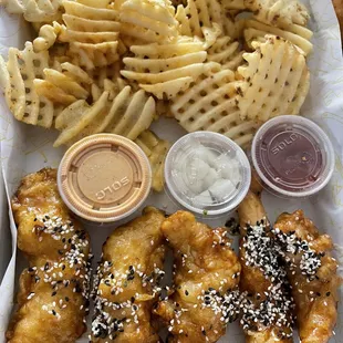 Garlic soy tenders and fries