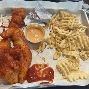 Unseasoned fries and mediocre chicken.