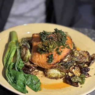Salmon. This dish was not good. It was dry and salty. And the brussels sprouts were burnt.