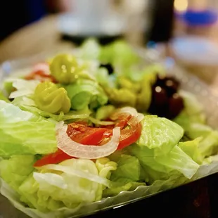 House salade - LTO olives pickled pepperoncini w/Italian red wine balsamic pairs beautifully with Tuscany Pecorino al Pistachio cheese.