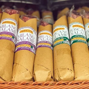 a variety of wrapped sausages