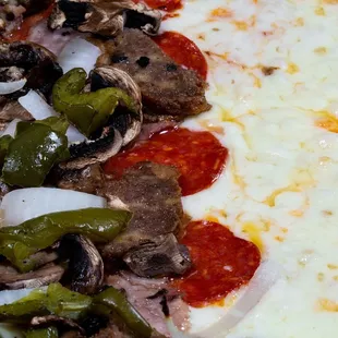 a pizza with pepperoni and mushrooms