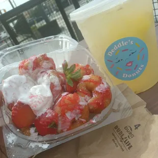 Strawberry Shortcake mini doughnuts with fresh squeezed peach Lemonade