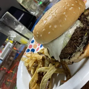 a hamburger and fries