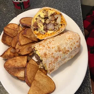 Breakfast burrito with sausage and country potatoes