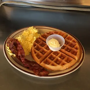 Waffle Combo 2 eggs scrambled and 2 pieces of bacon