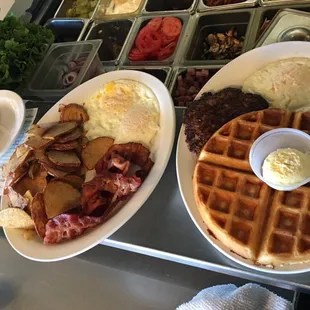 Waffle combo and bacon and eggs with an English muffin