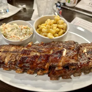 Half rack of ribs, jalapeño Mac and cheese (not super spicy) and coleslaw