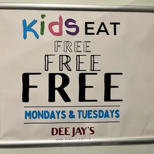 Kids eat free on Monday &amp; Tuesday