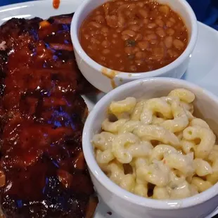 Pulled pork, ribs,  best baked beans,  and jalapeño Mac and cheese