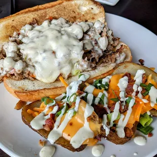 Cheesesteak Sandwich and loaded skins