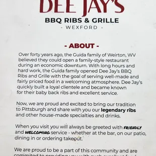 Back of the menu