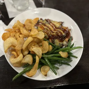 Sidewinder French fries, BBQ chicken with cheese and mushrooms, and green beans