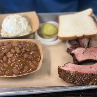 2 meats- ribs, brisket. Beans &amp; baked potato salad.