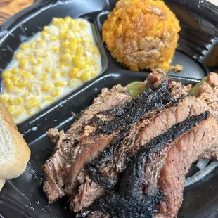 2 Meat Moist Brisket Cream corn (looks like more than it is, it&apos;s basically 1 corn high) Sweet potato casserole