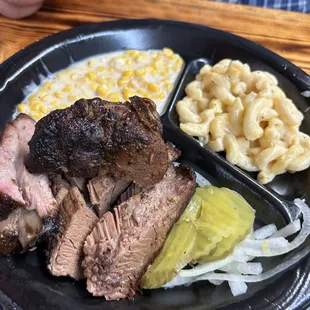 2 Meat plate Brisket and ribs (2 small pieces) Mac and cheese Creamed corn