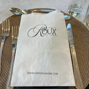 Table setting and goodie bag with recipes included