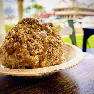 Deep barrel fried ice cream with caramel drizzle