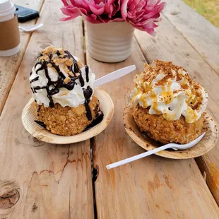 Fried ice cream.   Left, deep barrel signature. Right, the horchata with Carmel drizzle