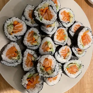 Messy homemade salmon/avocado rolls -- looks doesn't do justice to the sashimi grade salmon from Ocean Empire, but sooo delicious.