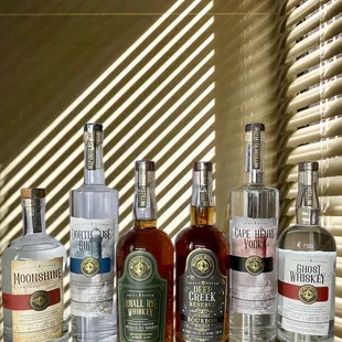 Display of spirits offered at Deeo Creek Distilling
