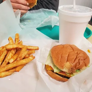 Cheeseburger and fries combo.