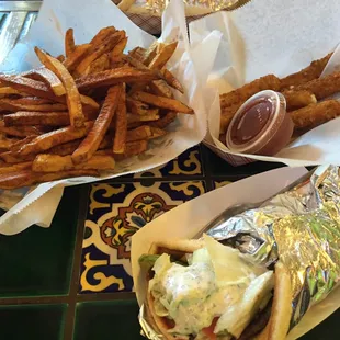 SMALL fry (but huge!), gyro, and large cheese sticks. Homemade sauces!