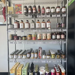 a shelf full of food items