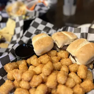 Prime rib sliders with tons of tots