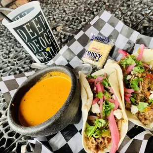 Green chili pork tacos with tomato basil soup