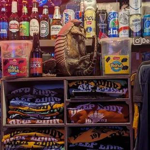 a display of clothing and beer
