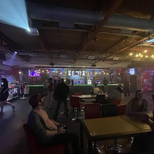 people sitting at tables in a bar