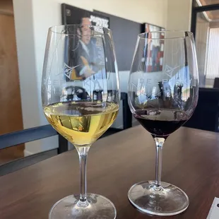 two glasses of white and red wine