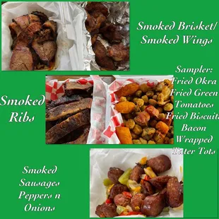 smoked brisket, smoked wings, smoked steak, fried green tomatoes, fried blueberries, and grilled